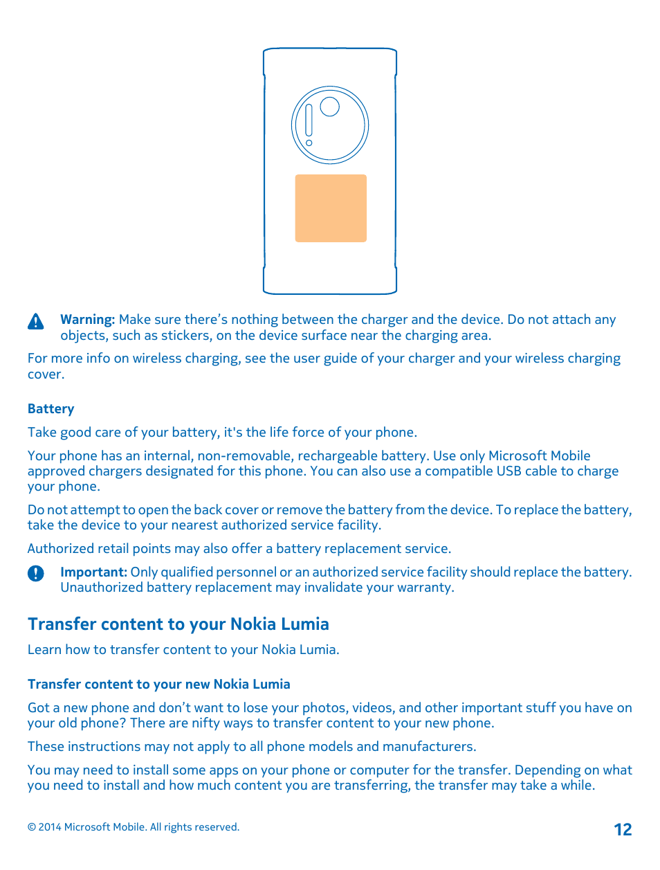 Battery, Transfer content to your nokia lumia, Transfer content to your new nokia lumia | Nokia Lumia 1020 User Manual | Page 12 / 116