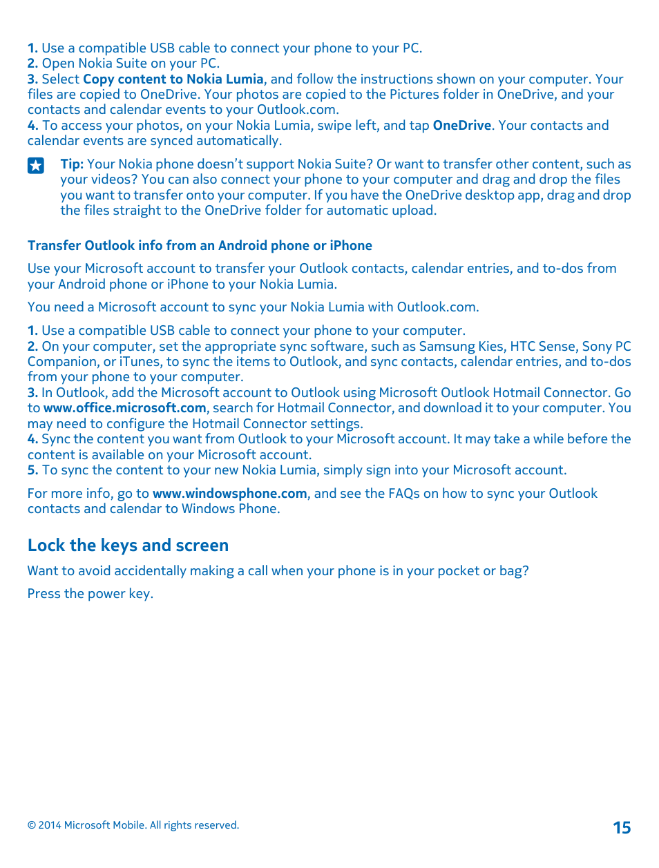 Lock the keys and screen | Nokia Lumia 1020 User Manual | Page 15 / 116
