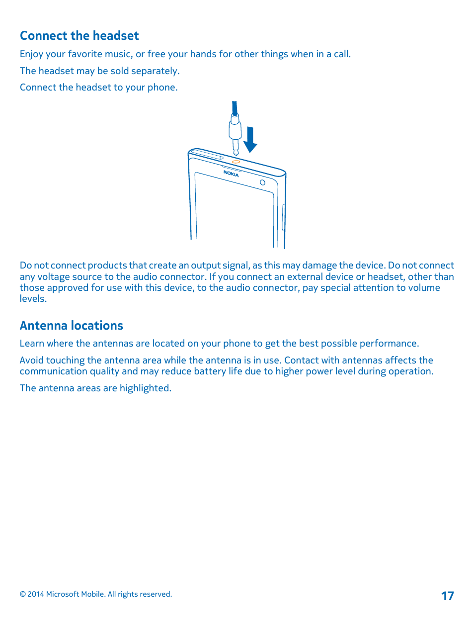 Connect the headset, Antenna locations | Nokia Lumia 1020 User Manual | Page 17 / 116