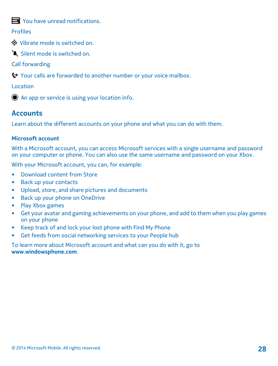 Accounts, Microsoft account | Nokia Lumia 1020 User Manual | Page 28 / 116