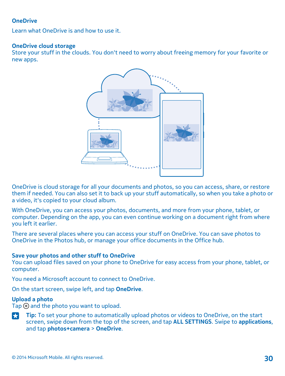 Onedrive, Onedrive cloud storage, Save your photos and other stuff to onedrive | Nokia Lumia 1020 User Manual | Page 30 / 116