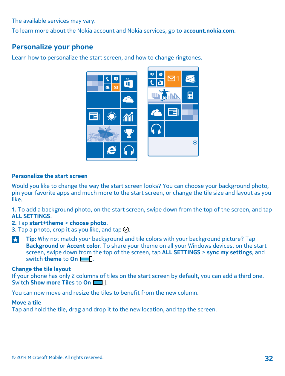 Personalize your phone, Personalize the start screen | Nokia Lumia 1020 User Manual | Page 32 / 116