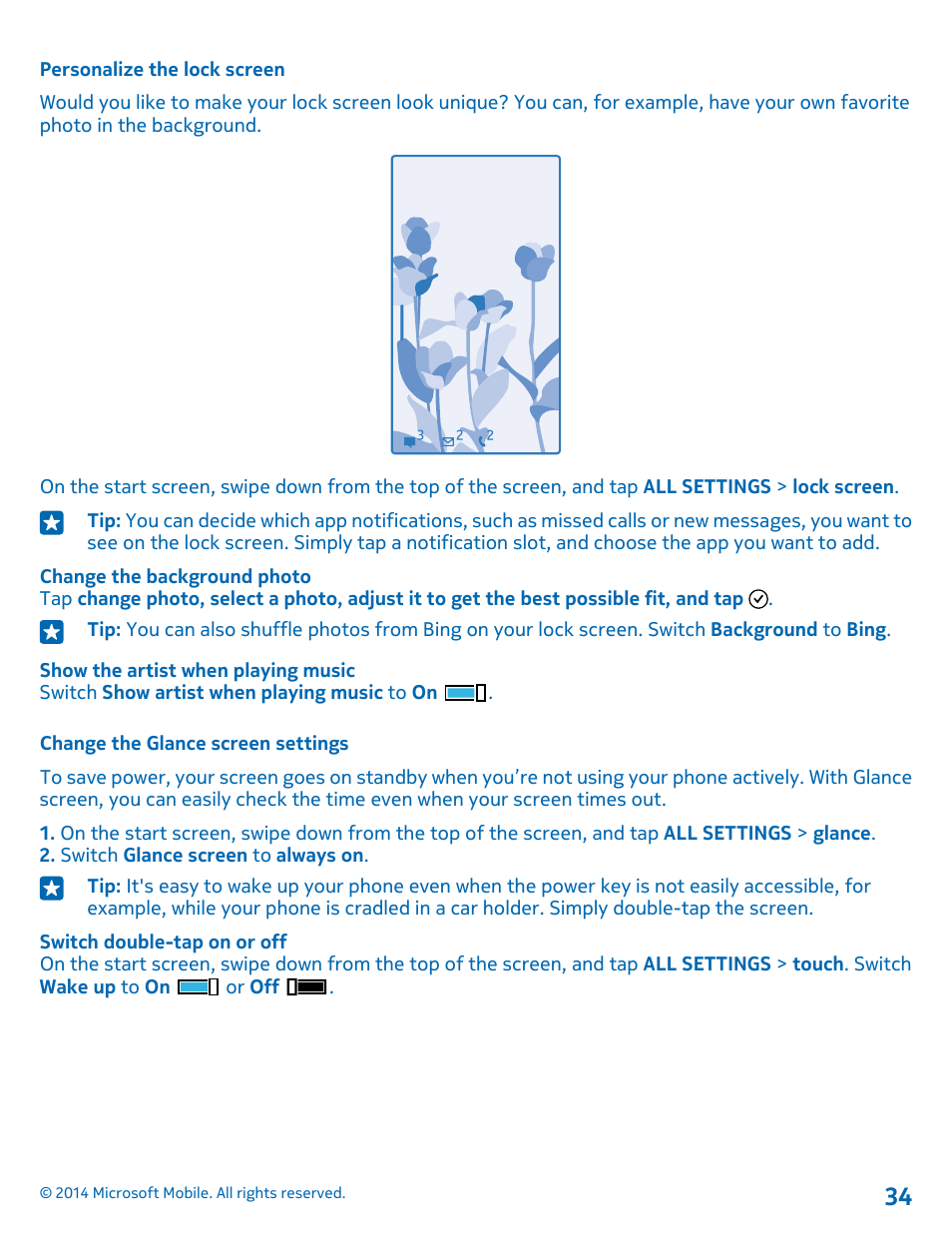 Personalize the lock screen, Change the glance screen settings | Nokia Lumia 1020 User Manual | Page 34 / 116