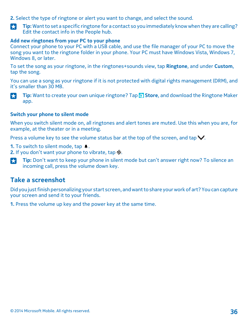 Switch your phone to silent mode, Take a screenshot | Nokia Lumia 1020 User Manual | Page 36 / 116