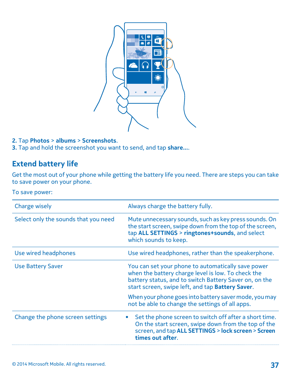 Extend battery life | Nokia Lumia 1020 User Manual | Page 37 / 116