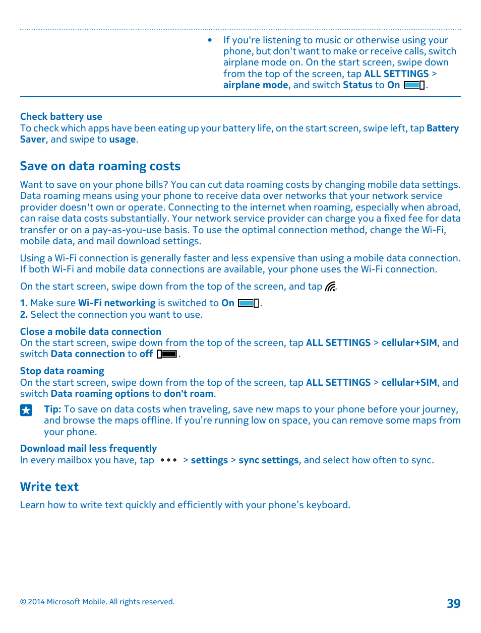 Save on data roaming costs, Write text | Nokia Lumia 1020 User Manual | Page 39 / 116