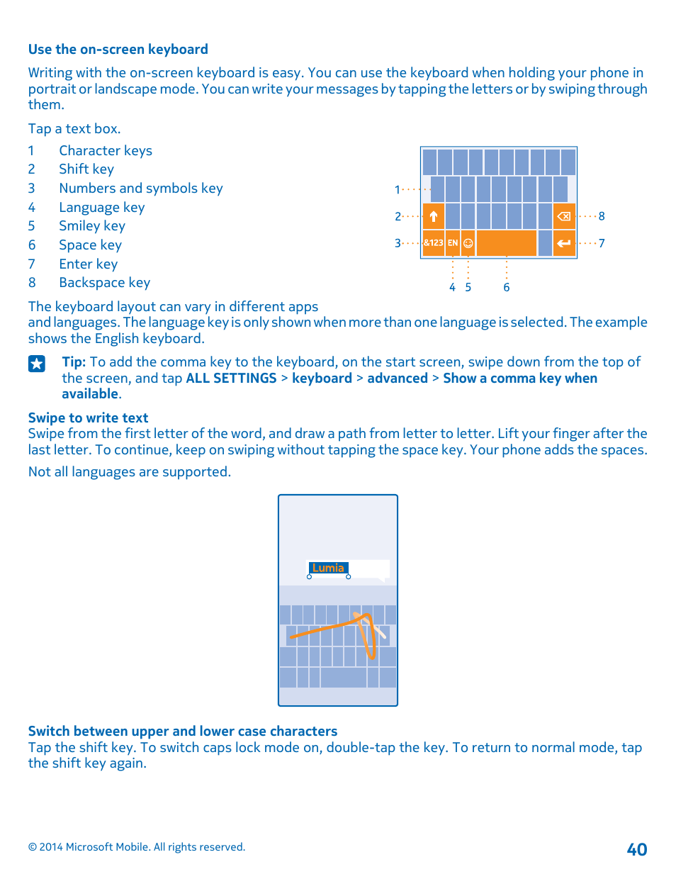 Use the on-screen keyboard | Nokia Lumia 1020 User Manual | Page 40 / 116