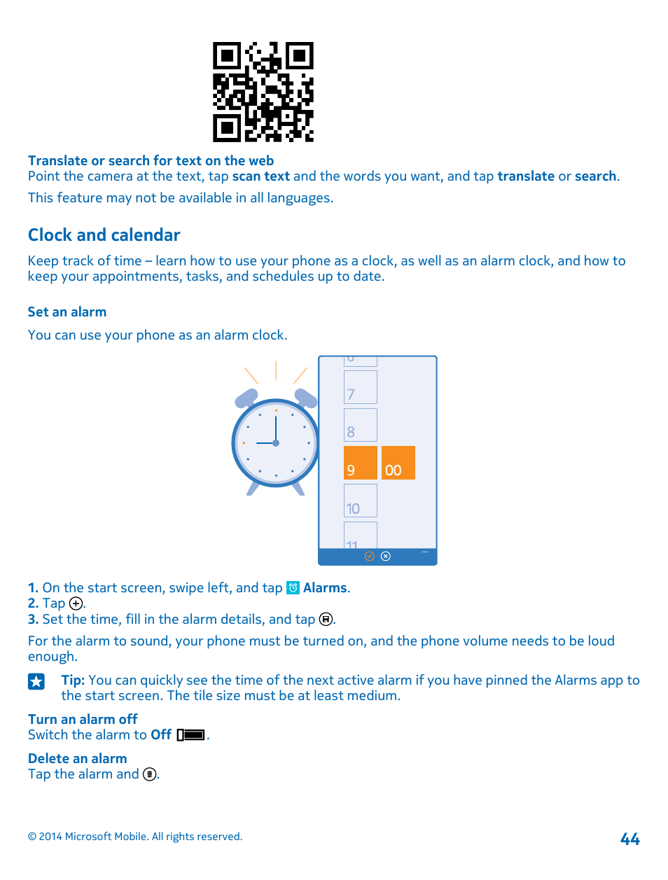 Clock and calendar, Set an alarm | Nokia Lumia 1020 User Manual | Page 44 / 116