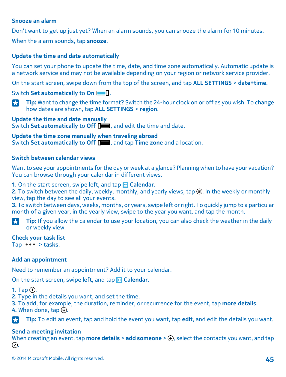 Snooze an alarm, Update the time and date automatically, Switch between calendar views | Add an appointment | Nokia Lumia 1020 User Manual | Page 45 / 116