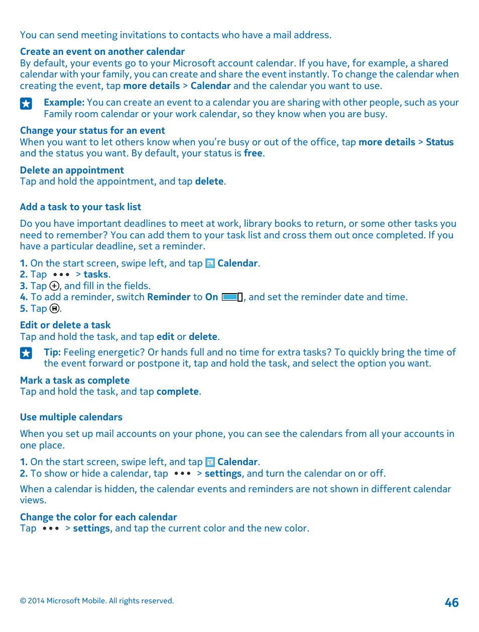 Add a task to your task list, Use multiple calendars | Nokia Lumia 1020 User Manual | Page 46 / 116