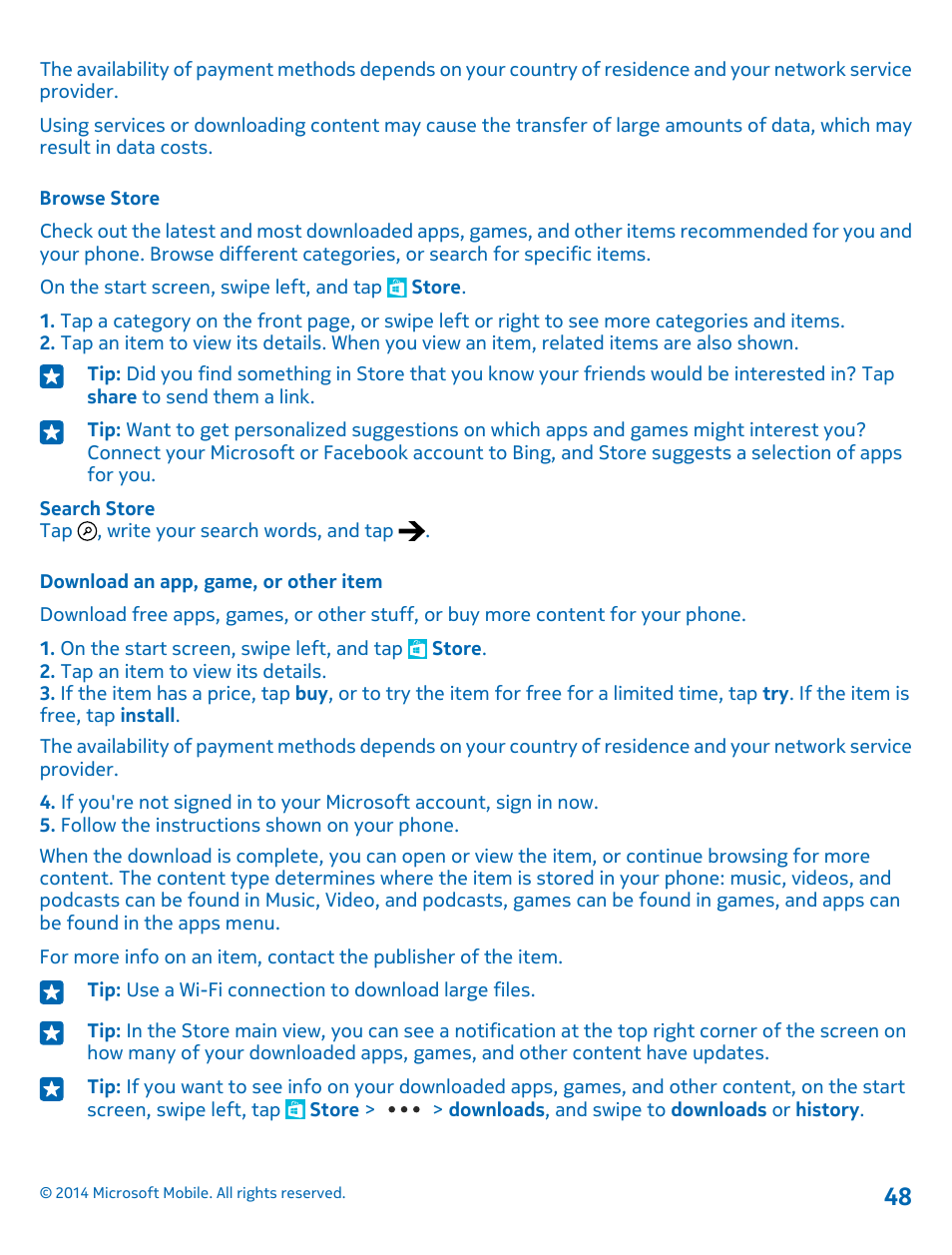 Browse store, Download an app, game, or other item | Nokia Lumia 1020 User Manual | Page 48 / 116