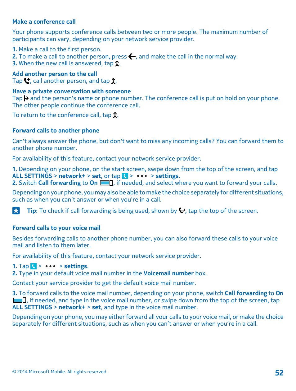 Make a conference call, Forward calls to another phone, Forward calls to your voice mail | Nokia Lumia 1020 User Manual | Page 52 / 116