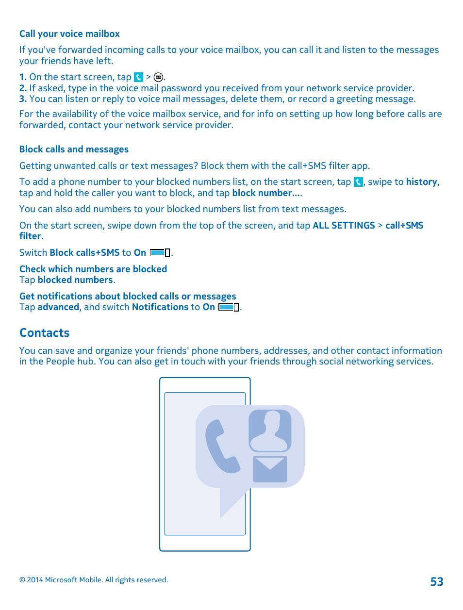 Call your voice mailbox, Block calls and messages, Contacts | Nokia Lumia 1020 User Manual | Page 53 / 116