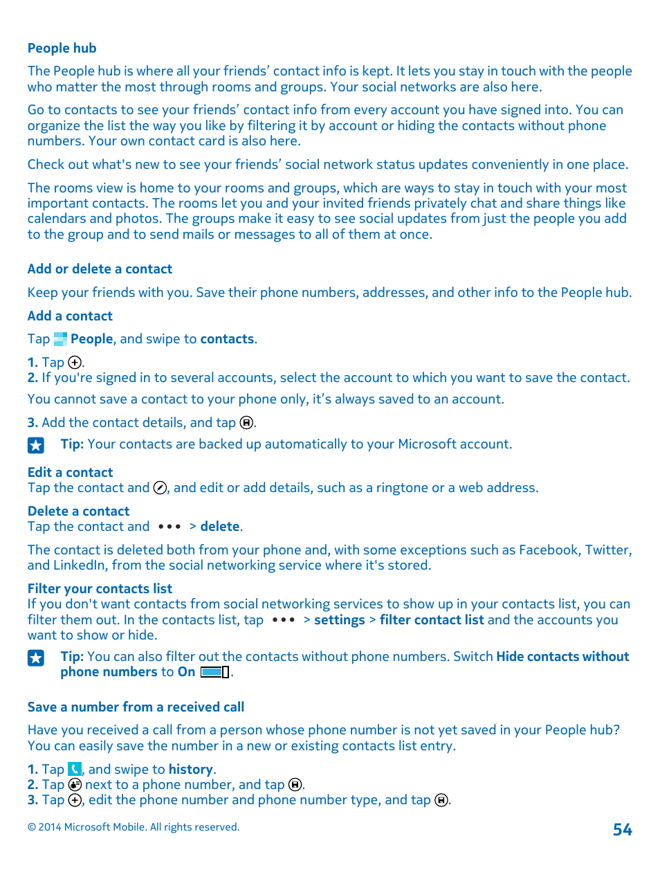People hub, Add or delete a contact, Save a number from a received call | Nokia Lumia 1020 User Manual | Page 54 / 116