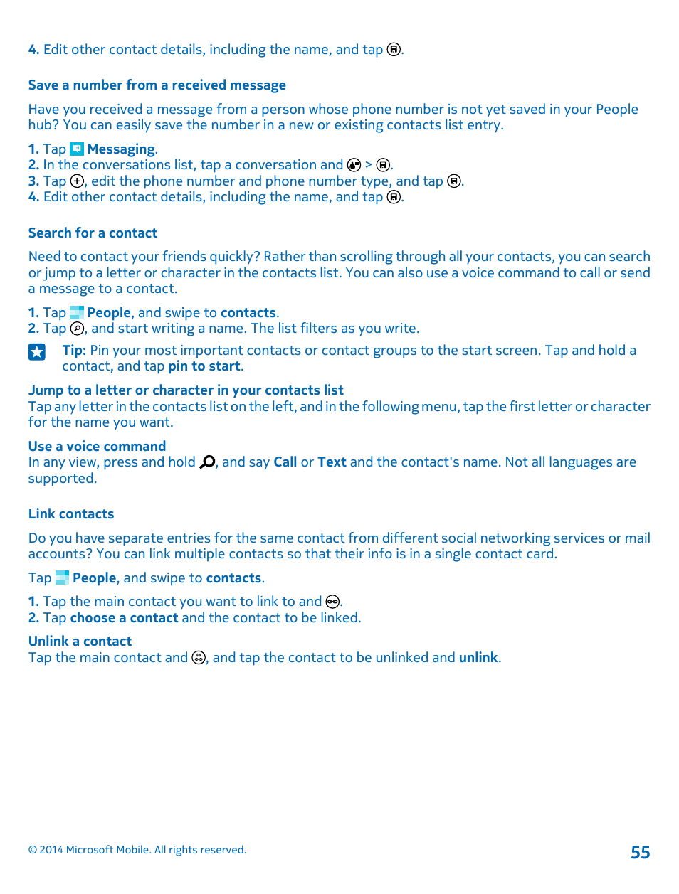 Save a number from a received message, Search for a contact, Link contacts | Nokia Lumia 1020 User Manual | Page 55 / 116