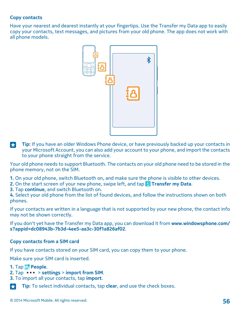Copy contacts, Copy contacts from a sim card | Nokia Lumia 1020 User Manual | Page 56 / 116
