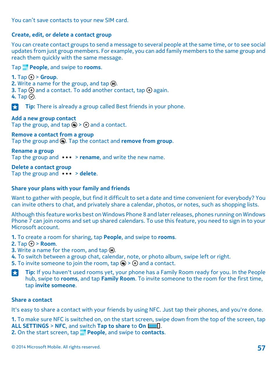 Create, edit, or delete a contact group, Share your plans with your family and friends, Share a contact | Nokia Lumia 1020 User Manual | Page 57 / 116