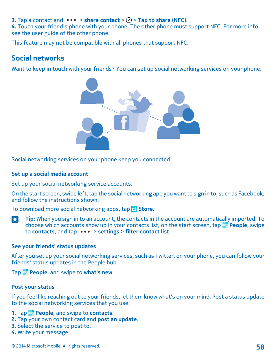 Social networks, Set up a social media account, See your friends' status updates | Post your status | Nokia Lumia 1020 User Manual | Page 58 / 116