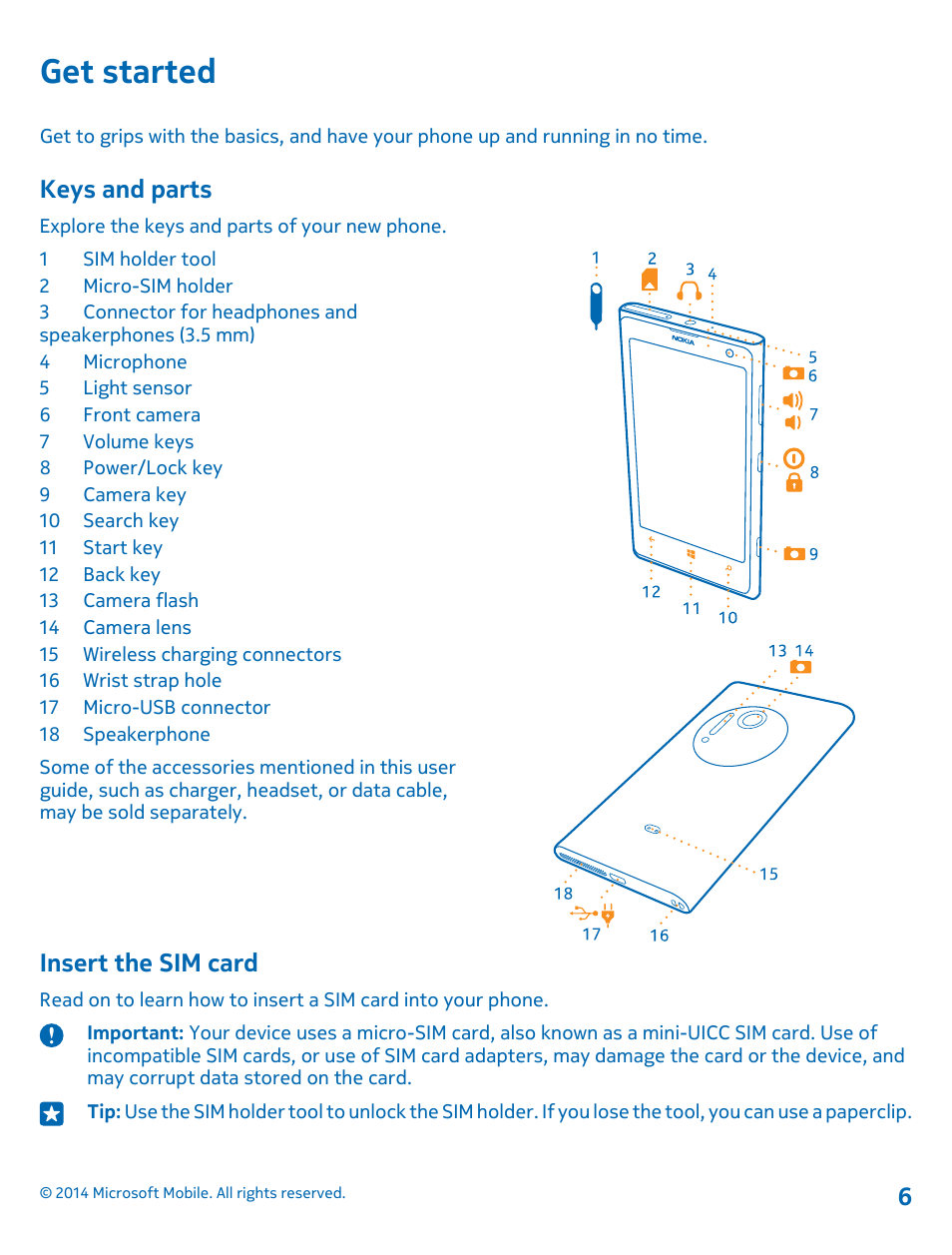 Get started, Keys and parts, Insert the sim card | Nokia Lumia 1020 User Manual | Page 6 / 116