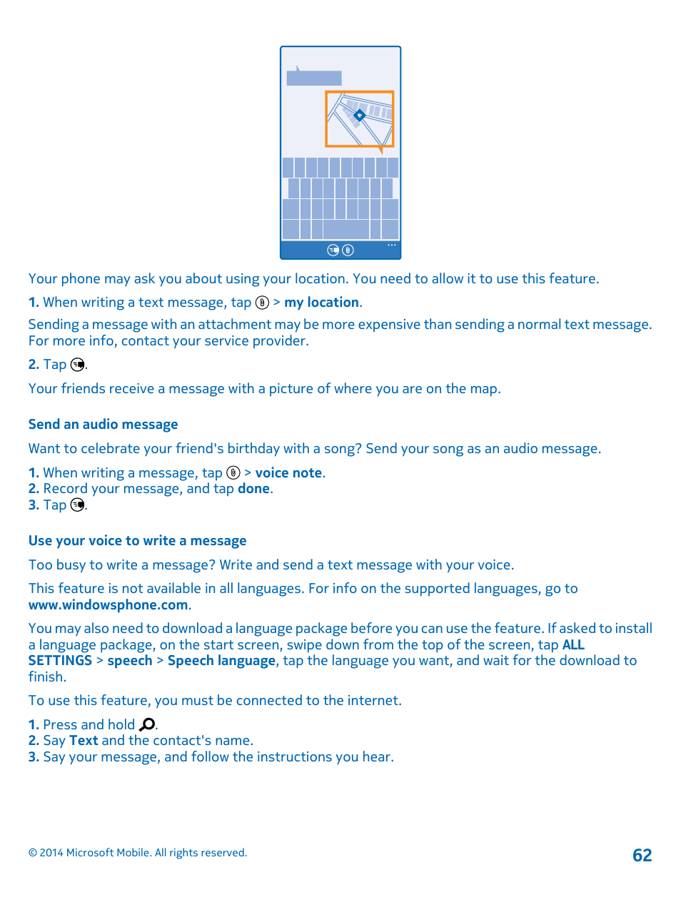 Send an audio message, Use your voice to write a message | Nokia Lumia 1020 User Manual | Page 62 / 116