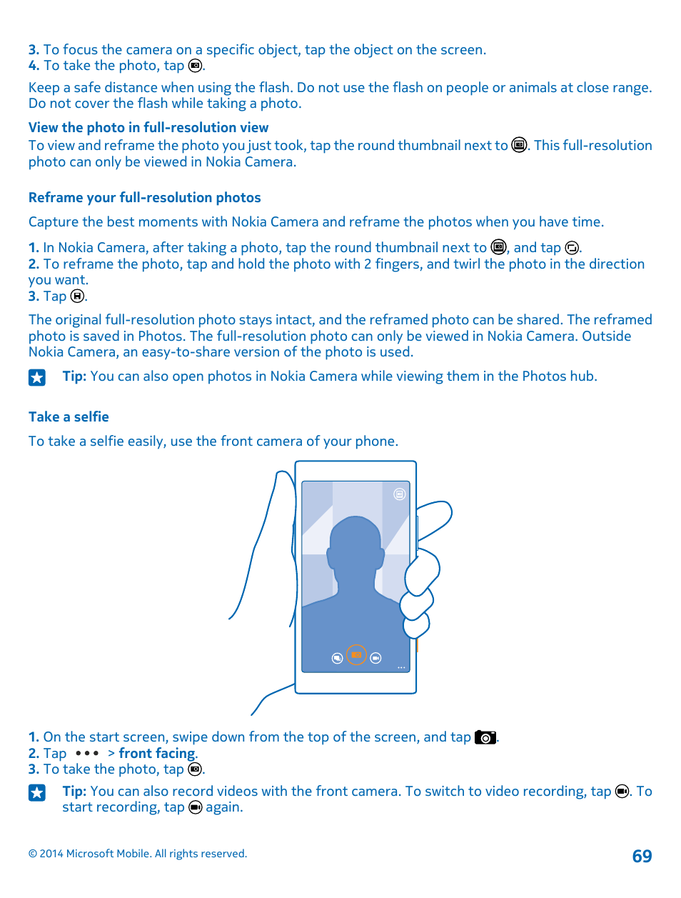 Reframe your full-resolution photos, Take a selfie | Nokia Lumia 1020 User Manual | Page 69 / 116