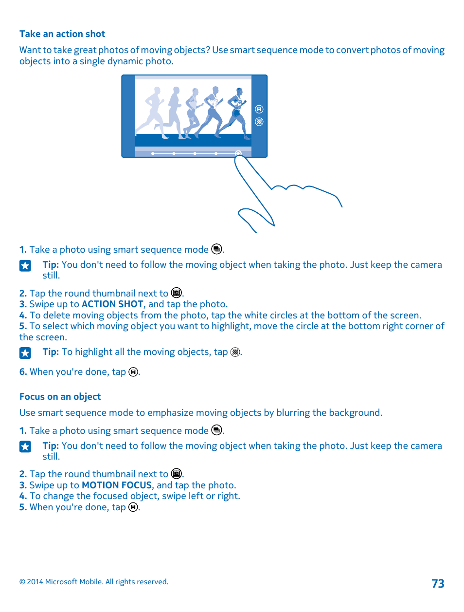 Take an action shot, Focus on an object | Nokia Lumia 1020 User Manual | Page 73 / 116
