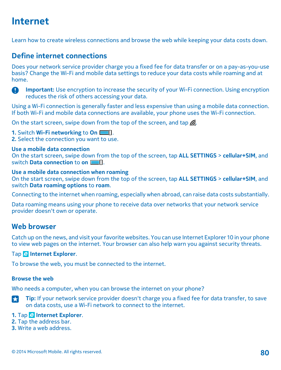 Internet, Define internet connections, Web browser | Browse the web | Nokia Lumia 1020 User Manual | Page 80 / 116