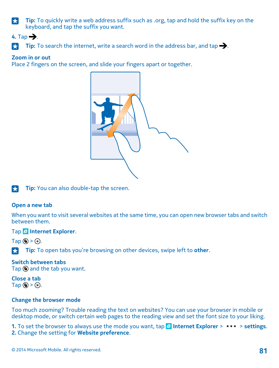 Open a new tab, Change the browser mode | Nokia Lumia 1020 User Manual | Page 81 / 116
