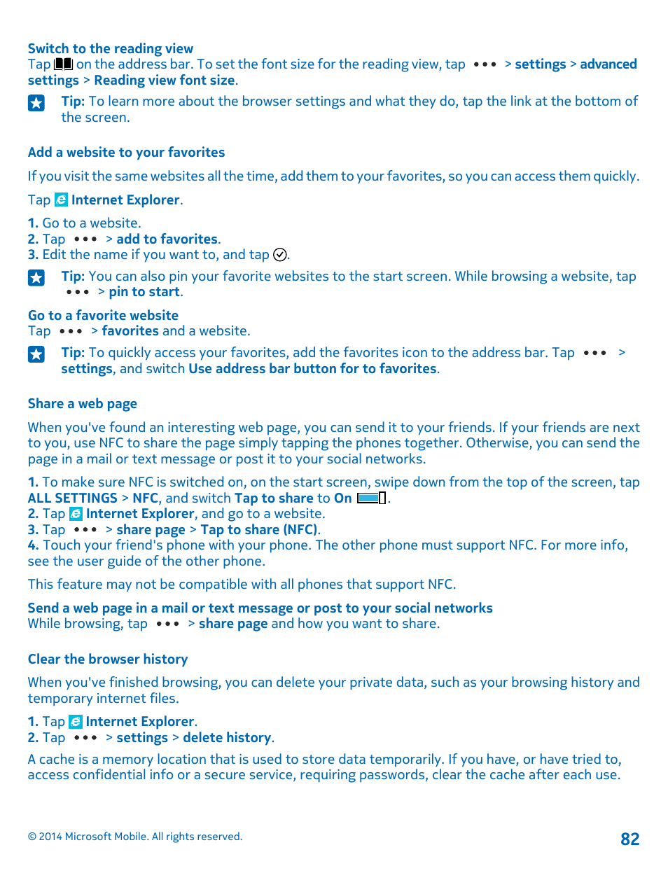 Add a website to your favorites, Clear the browser history | Nokia Lumia 1020 User Manual | Page 82 / 116