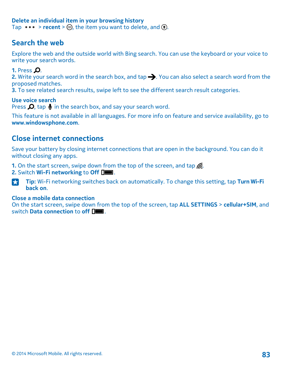 Search the web, Close internet connections | Nokia Lumia 1020 User Manual | Page 83 / 116