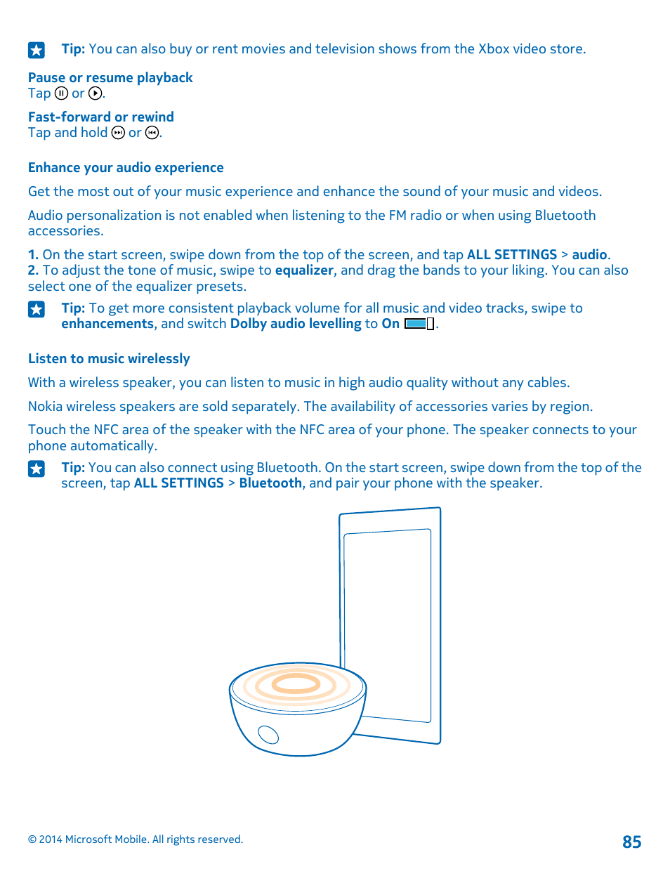 Enhance your audio experience, Listen to music wirelessly | Nokia Lumia 1020 User Manual | Page 85 / 116