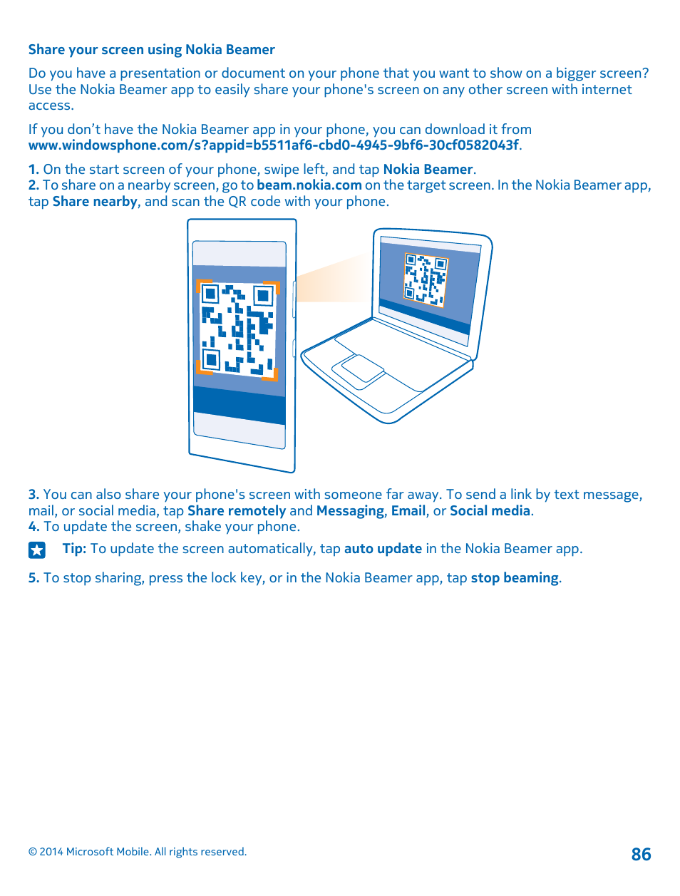 Share your screen using nokia beamer | Nokia Lumia 1020 User Manual | Page 86 / 116