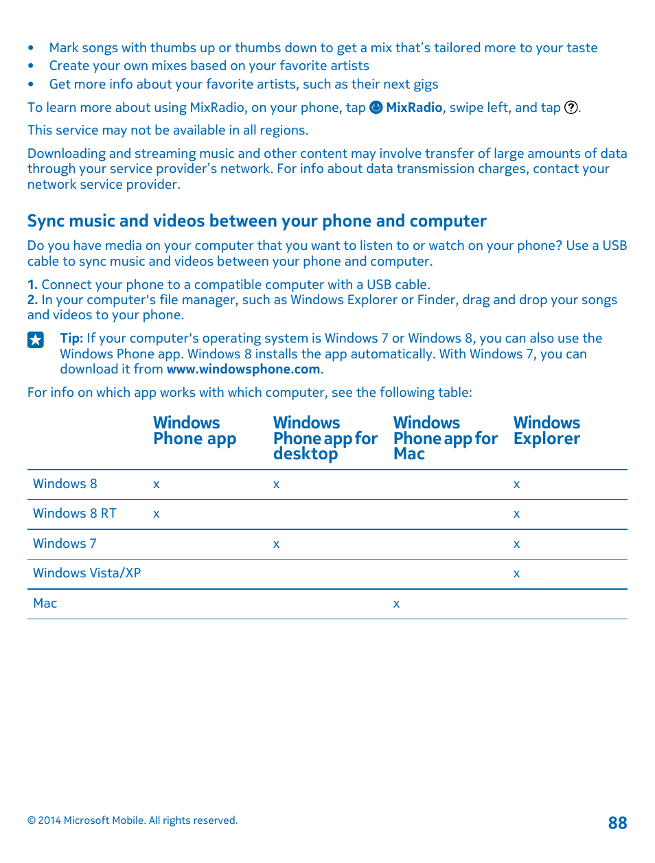 Sync music and videos between your, Phone and computer | Nokia Lumia 1020 User Manual | Page 88 / 116
