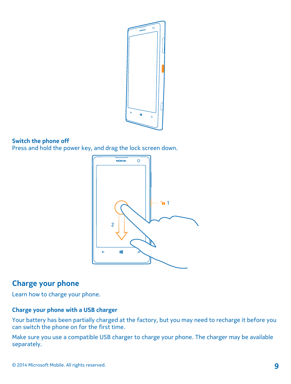 Charge your phone, Charge your phone with a usb charger | Nokia Lumia 1020 User Manual | Page 9 / 116