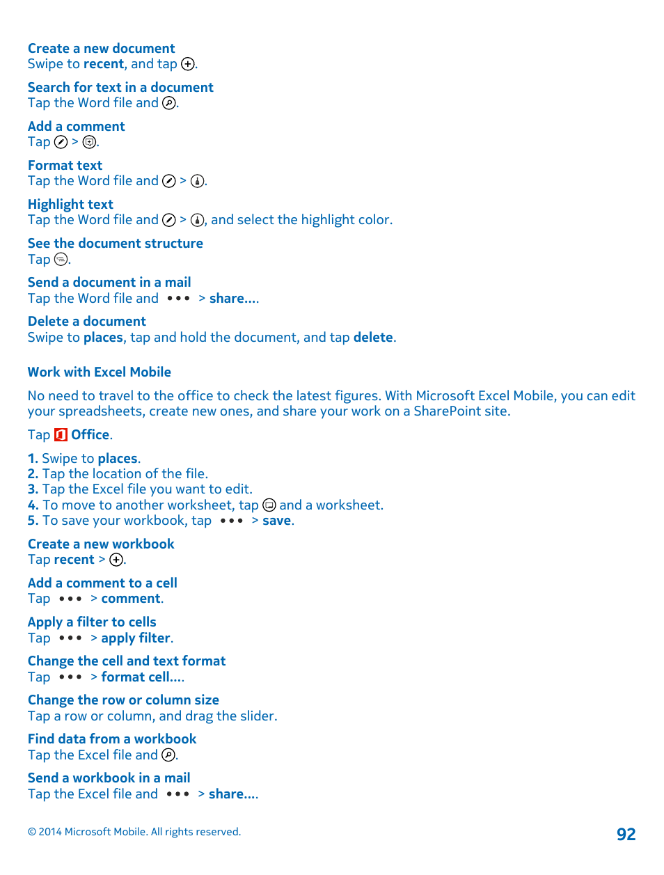 Work with excel mobile | Nokia Lumia 1020 User Manual | Page 92 / 116