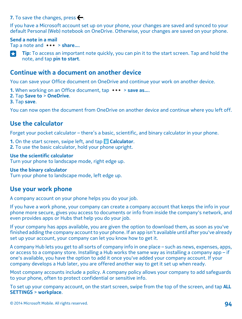 Continue with a document on another device, Use the calculator, Use your work phone | Continue with a document on another, Device | Nokia Lumia 1020 User Manual | Page 94 / 116