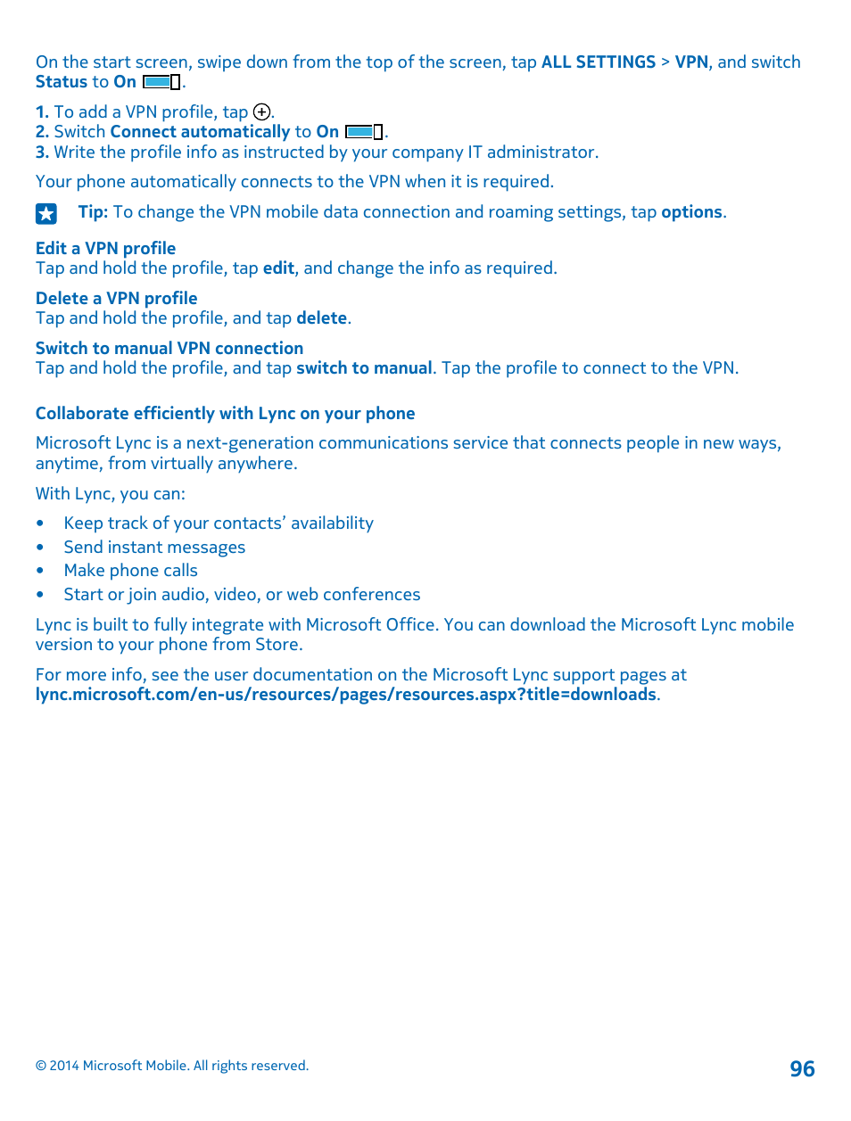 Collaborate efficiently with lync on your phone | Nokia Lumia 1020 User Manual | Page 96 / 116