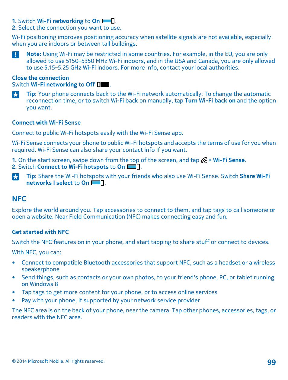 Connect with wi-fi sense, Get started with nfc | Nokia Lumia 1020 User Manual | Page 99 / 116