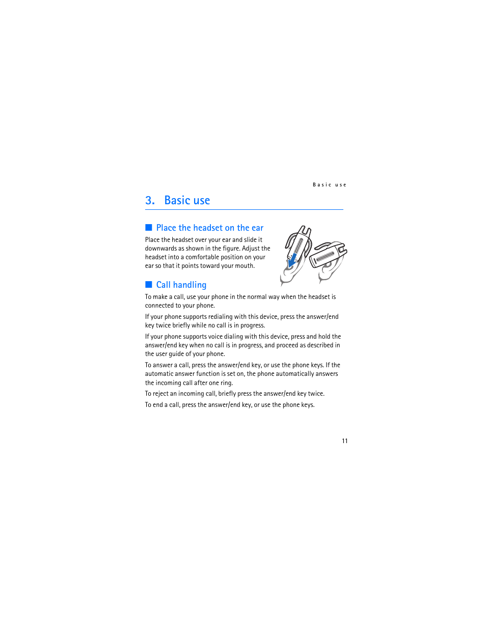 Basic use, Place the headset on the ear, Call handling | Place the headset on the ear call handling | Nokia BH-200 User Manual | Page 11 / 70