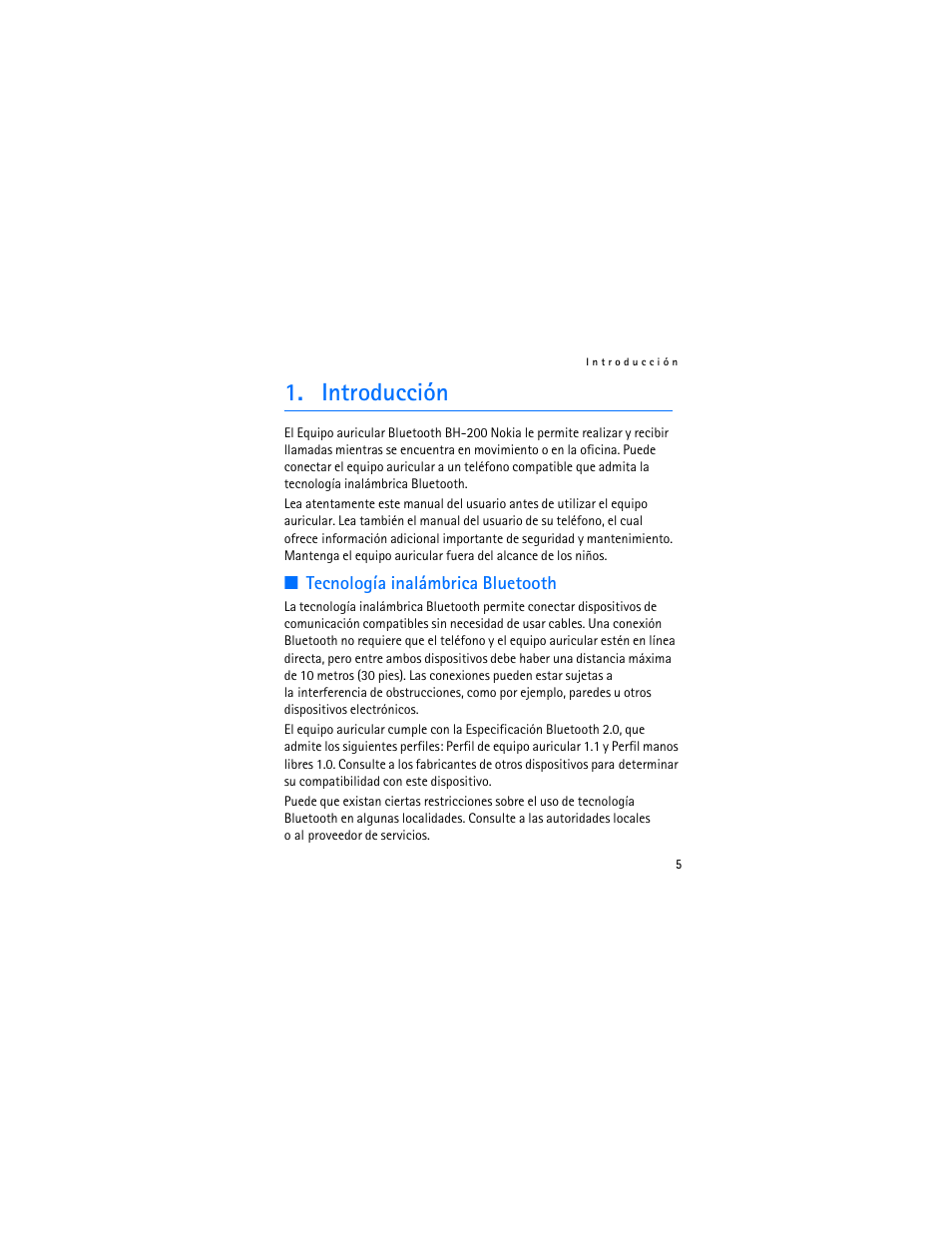 Introducción, Tecnología inalámbrica bluetooth | Nokia BH-200 User Manual | Page 21 / 70