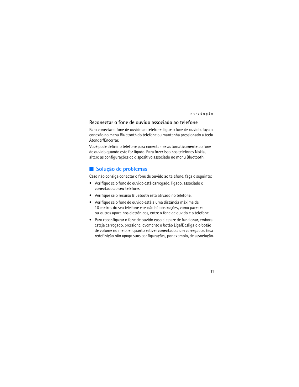 Solução de problemas, Reconectar o fone de ouvido associado ao telefone | Nokia BH-200 User Manual | Page 45 / 70