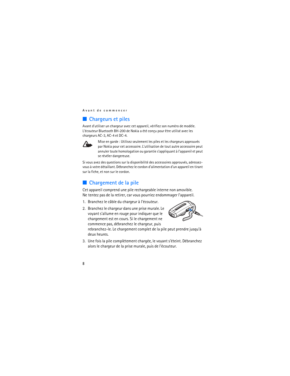 Chargeurs et piles, Chargement de la pile, Chargeurs et piles chargement de la pile | Nokia BH-200 User Manual | Page 60 / 70