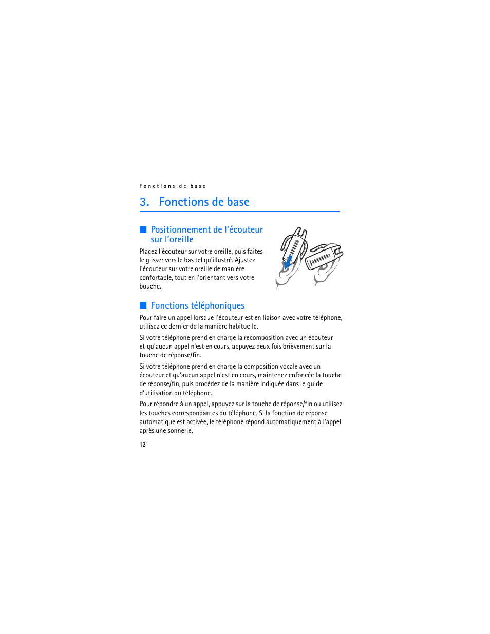 Fonctions de base, Positionnement de l’écouteur sur l’oreille, Fonctions téléphoniques | Nokia BH-200 User Manual | Page 64 / 70