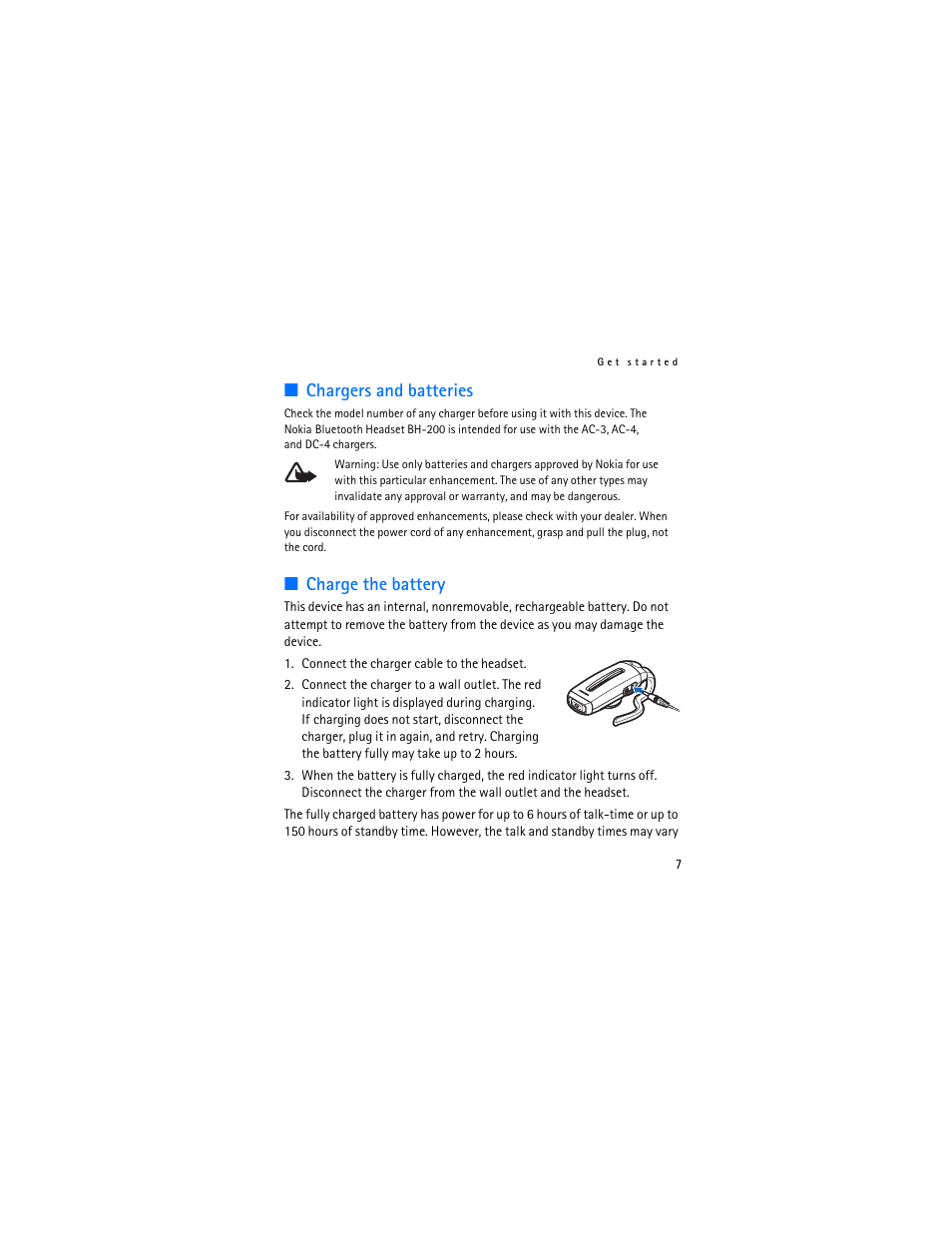 Chargers and batteries, Charge the battery, Chargers and batteries charge the battery | Nokia BH-200 User Manual | Page 7 / 70
