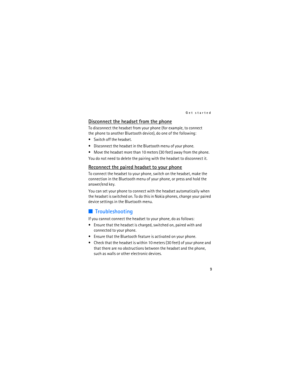 Disconnect the headset from the phone, Reconnect the paired headset to your phone, Troubleshooting | Nokia BH-200 User Manual | Page 9 / 70