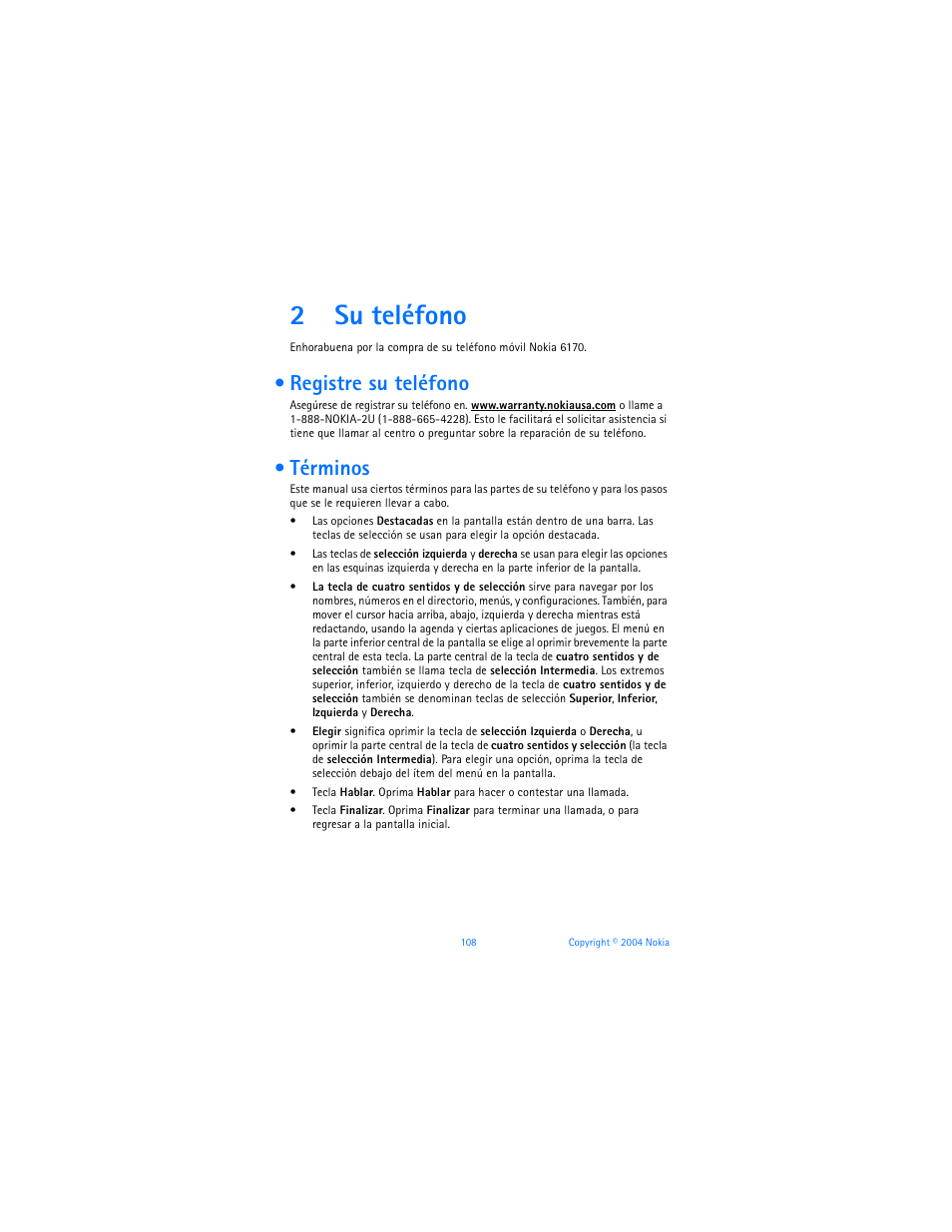 2 su teléfono, Registre su teléfono, Términos | Su teléfono, Registre su teléfono términos, 2su teléfono | Nokia 6170 User Manual | Page 109 / 209