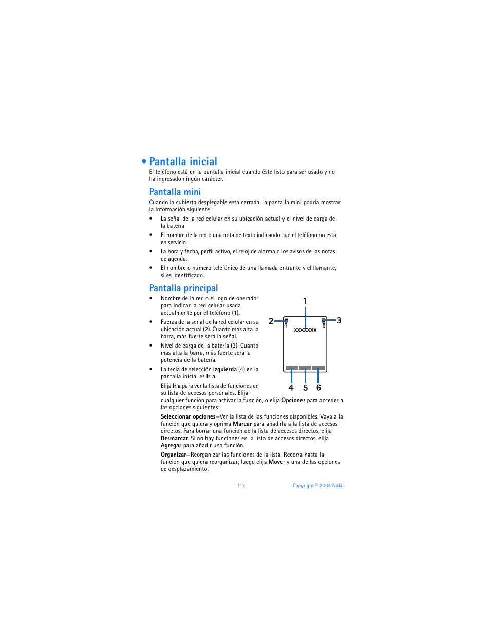 Pantalla inicial, Pantalla mini, Pantalla principal | Nokia 6170 User Manual | Page 113 / 209