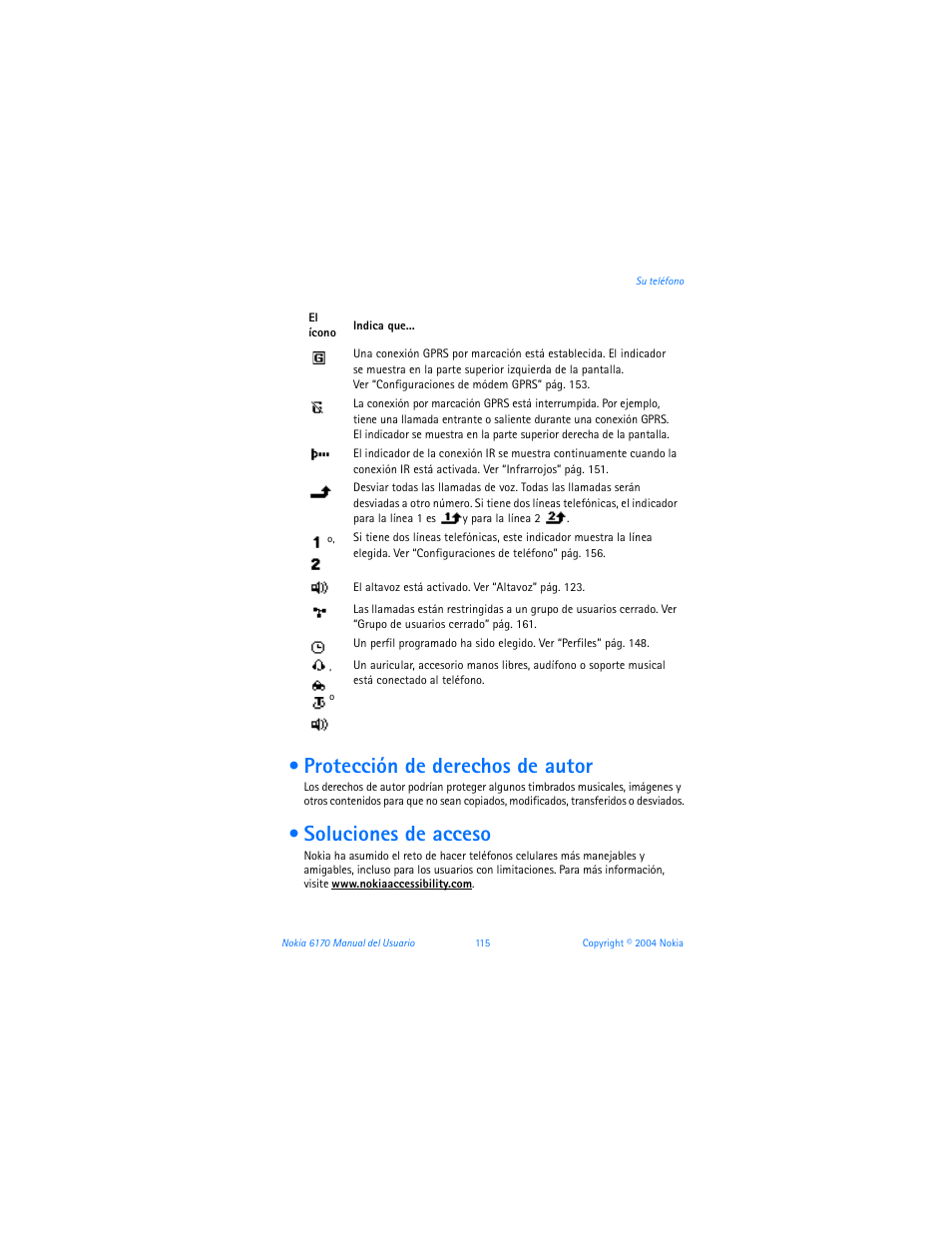 Protección de derechos de autor, Soluciones de acceso | Nokia 6170 User Manual | Page 116 / 209