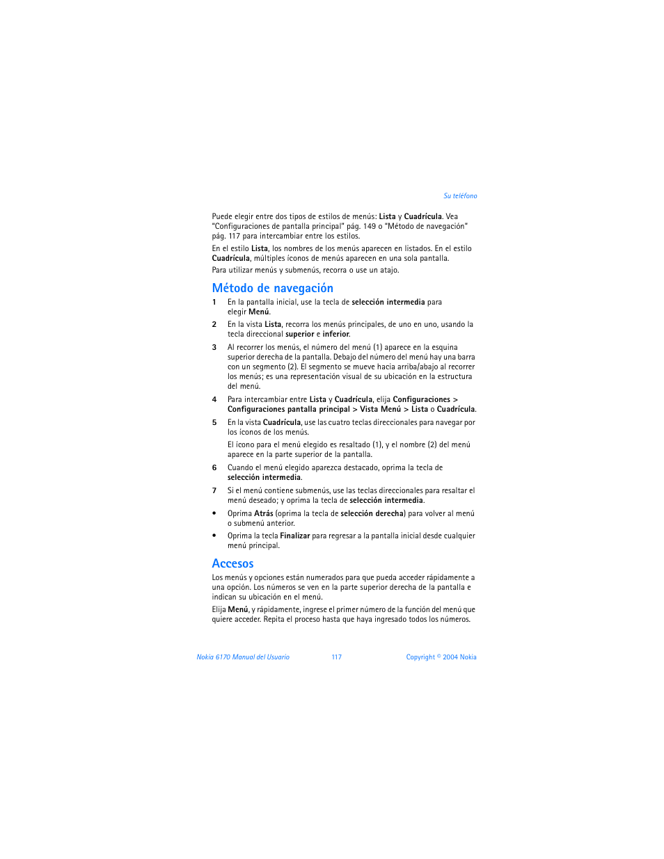 Método de navegación, Accesos | Nokia 6170 User Manual | Page 118 / 209