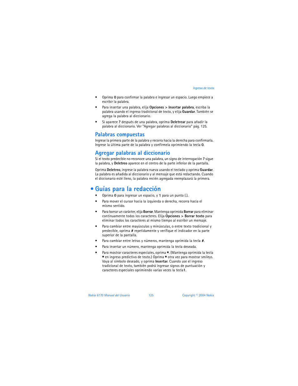 Guías para la redacción, Palabras compuestas, Agregar palabras al diccionario | Nokia 6170 User Manual | Page 126 / 209